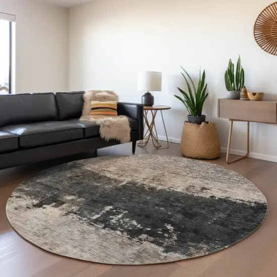 8' Taupe And Charcoal Round Abstract Washable Indoor Outdoor Area Rug Photo 5