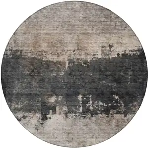 Photo of 8' Taupe And Charcoal Round Abstract Washable Indoor Outdoor Area Rug