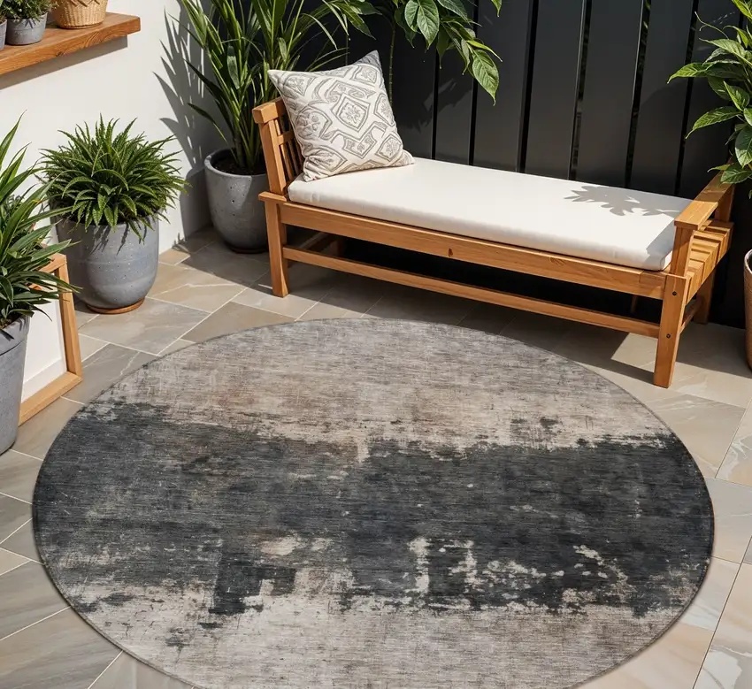 8' Taupe And Charcoal Round Abstract Washable Indoor Outdoor Area Rug Photo 8