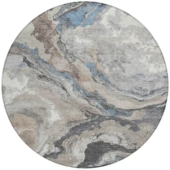 8' Taupe And Charcoal Round Abstract Washable Indoor Outdoor Area Rug Photo 3