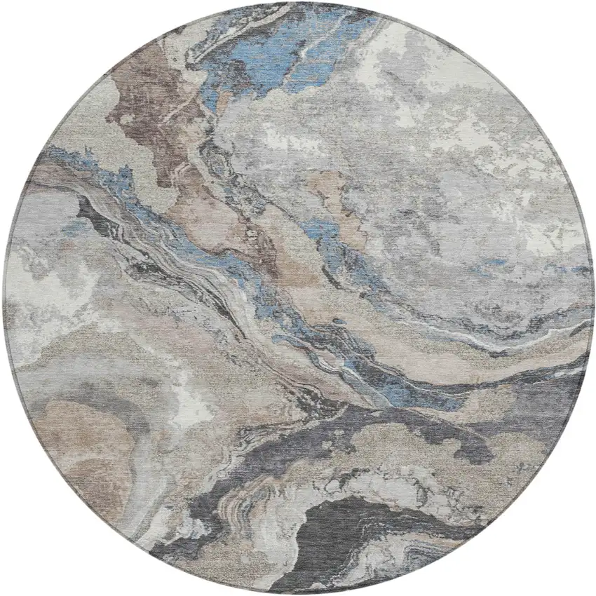 8' Taupe And Charcoal Round Abstract Washable Indoor Outdoor Area Rug Photo 1