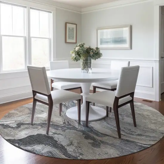 8' Taupe And Charcoal Round Abstract Washable Indoor Outdoor Area Rug Photo 6