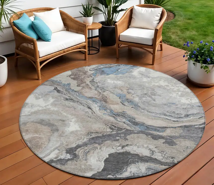 8' Taupe And Charcoal Round Abstract Washable Indoor Outdoor Area Rug Photo 2