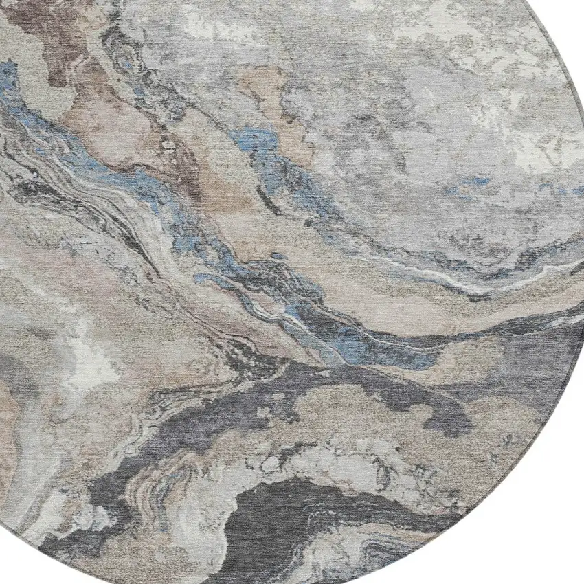 8' Taupe And Charcoal Round Abstract Washable Indoor Outdoor Area Rug Photo 8