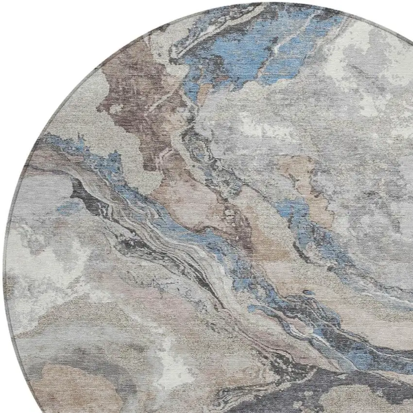 8' Taupe And Charcoal Round Abstract Washable Indoor Outdoor Area Rug Photo 4