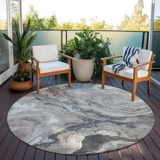 8' Taupe And Charcoal Round Abstract Washable Indoor Outdoor Area Rug Photo 5