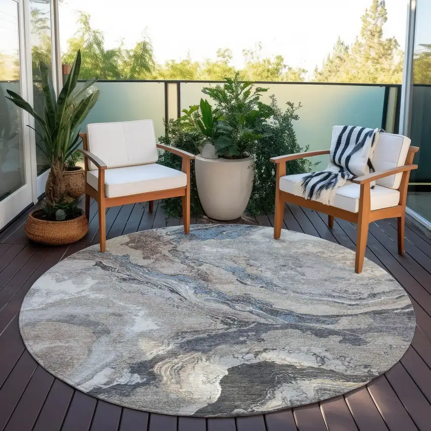 8' Taupe And Charcoal Round Abstract Washable Indoor Outdoor Area Rug Photo 5