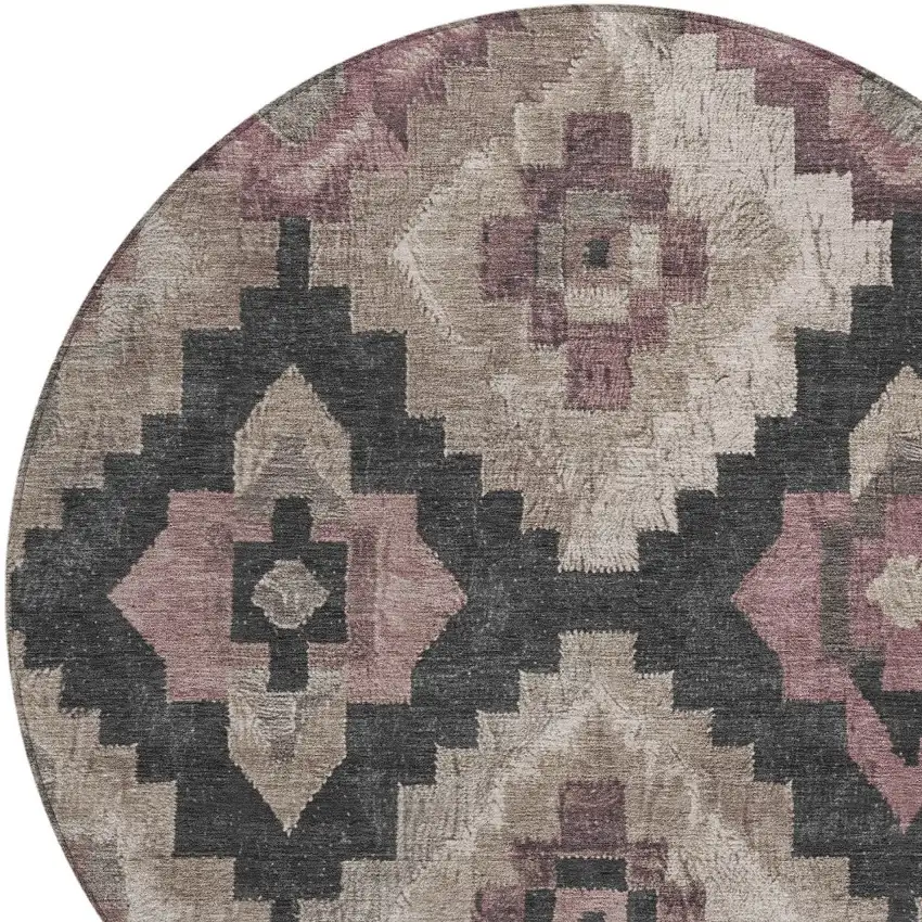 8' Taupe And Charcoal Round Aztec Washable Indoor Outdoor Area Rug Photo 8
