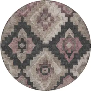 Photo of 8' Taupe And Charcoal Round Aztec Washable Indoor Outdoor Area Rug