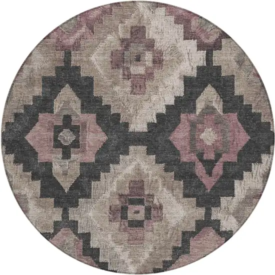 8' Taupe And Charcoal Round Aztec Washable Indoor Outdoor Area Rug Photo 1