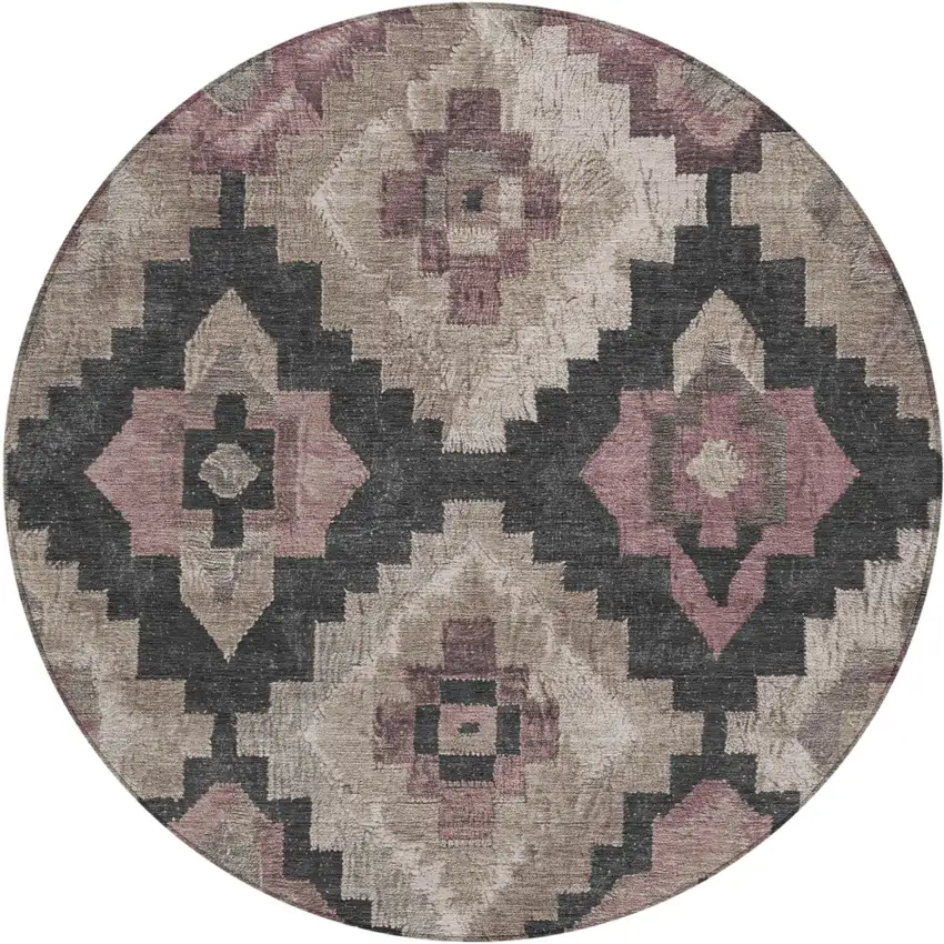 8' Taupe And Charcoal Round Aztec Washable Indoor Outdoor Area Rug Photo 1