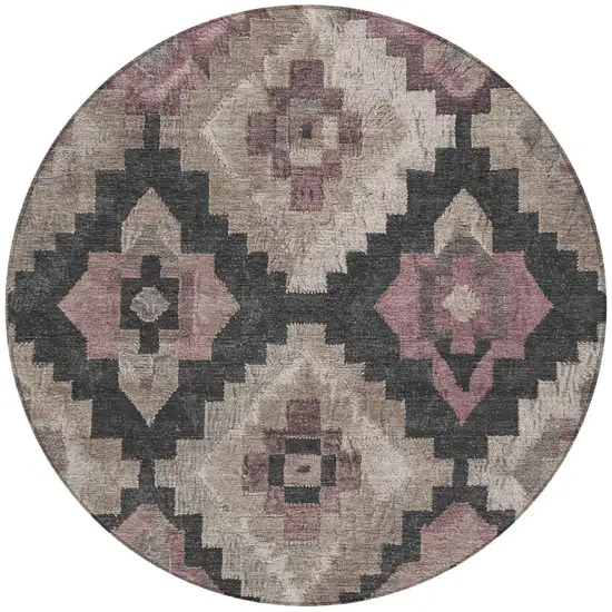 8' Taupe And Charcoal Round Aztec Washable Indoor Outdoor Area Rug Photo 4