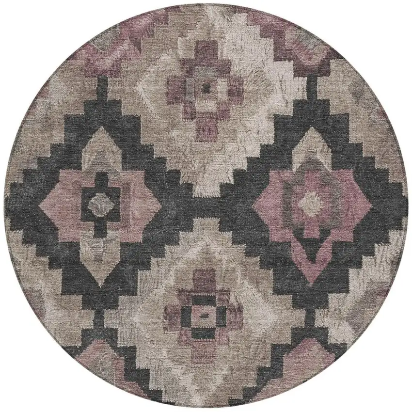 8' Taupe And Charcoal Round Aztec Washable Indoor Outdoor Area Rug Photo 4