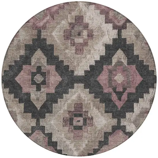8' Taupe And Charcoal Round Aztec Washable Indoor Outdoor Area Rug Photo 3