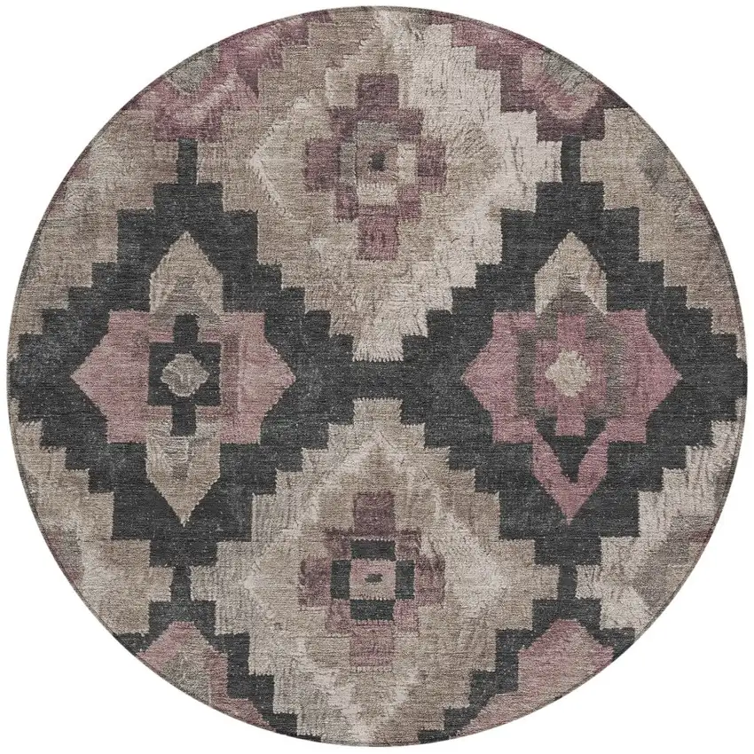 8' Taupe And Charcoal Round Aztec Washable Indoor Outdoor Area Rug Photo 3