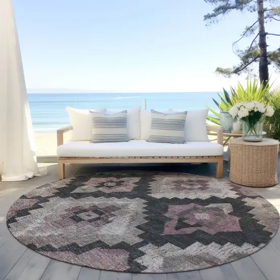8' Taupe And Charcoal Round Aztec Washable Indoor Outdoor Area Rug Photo 5