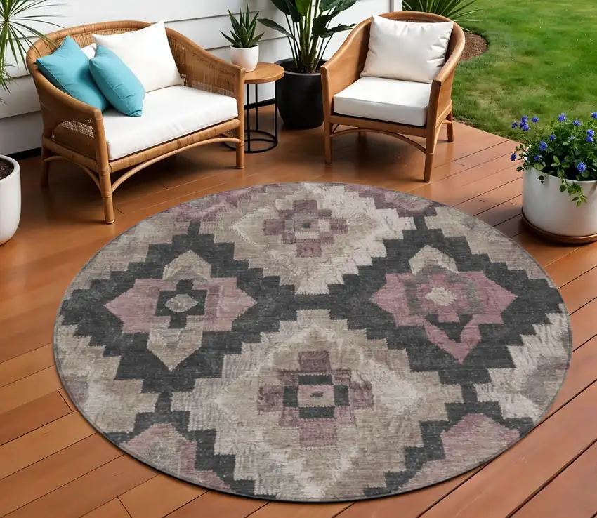 8' Taupe And Charcoal Round Aztec Washable Indoor Outdoor Area Rug Photo 2