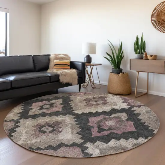 8' Taupe And Charcoal Round Aztec Washable Indoor Outdoor Area Rug Photo 6