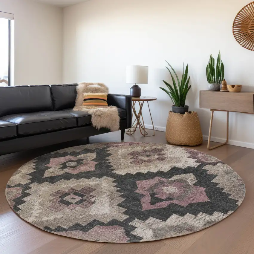 8' Taupe And Charcoal Round Aztec Washable Indoor Outdoor Area Rug Photo 6