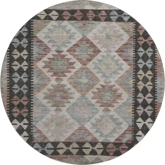 8' Taupe And Charcoal Tribal Washable Round Rug With UV Protection Photo 1