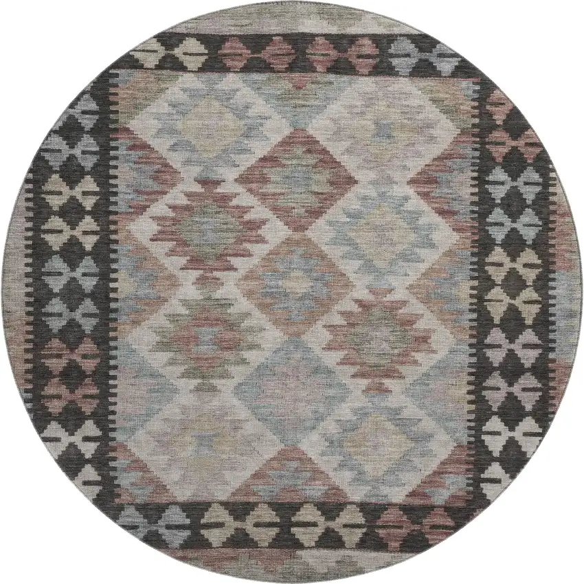 8' Taupe And Charcoal Tribal Washable Round Rug With UV Protection Photo 1