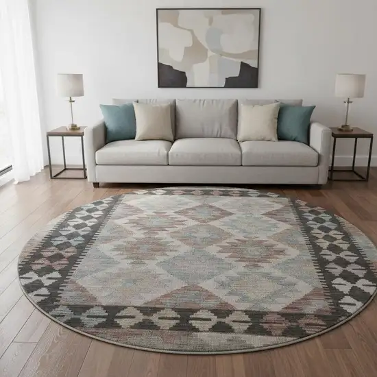 8' Taupe And Charcoal Tribal Washable Round Rug With UV Protection Photo 2