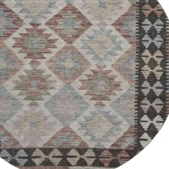 8' Taupe And Charcoal Tribal Washable Round Rug With UV Protection Photo 3