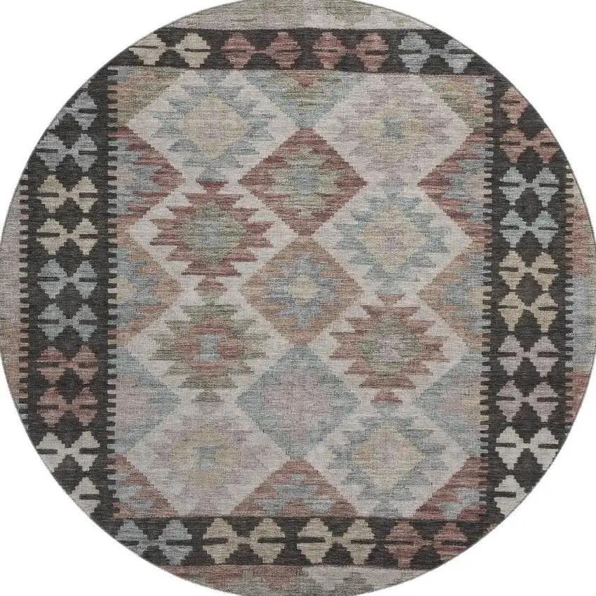 8' Taupe And Charcoal Tribal Washable Round Rug With UV Protection Photo 4