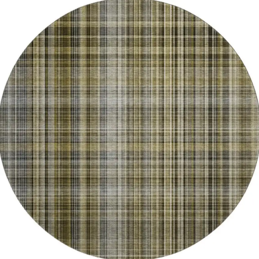 8' Taupe And Coffee Plaid Washable Round Rug With UV Protection Photo 4