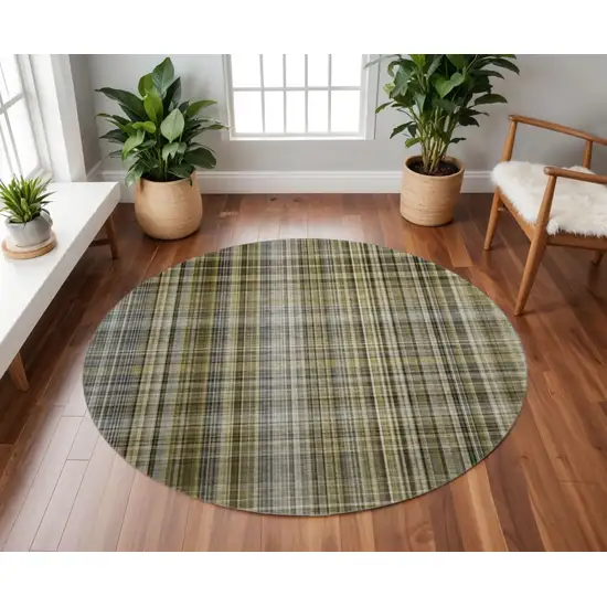 8' Taupe And Coffee Plaid Washable Round Rug With UV Protection Photo 2