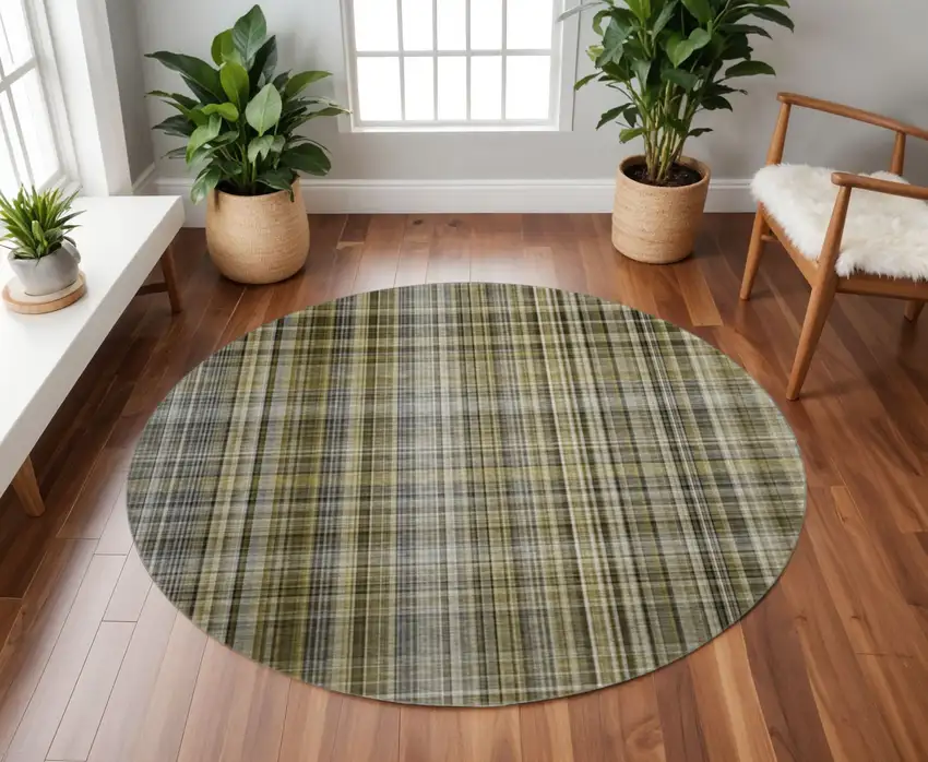 8' Taupe And Coffee Plaid Washable Round Rug With UV Protection Photo 2
