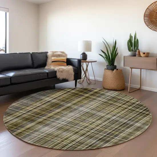 8' Taupe And Coffee Plaid Washable Round Rug With UV Protection Photo 5