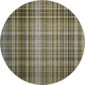Photo of 8' Taupe And Coffee Plaid Washable Round Rug With UV Protection