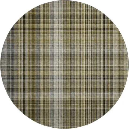 8' Taupe And Coffee Plaid Washable Round Rug With UV Protection Photo 1