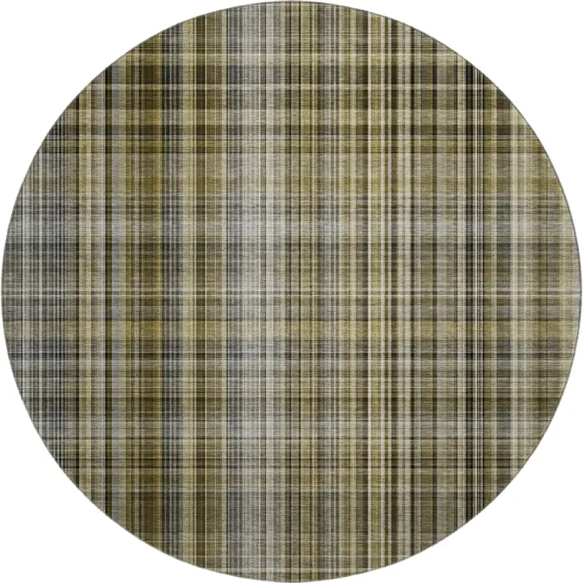 8' Taupe And Coffee Plaid Washable Round Rug With UV Protection Photo 1