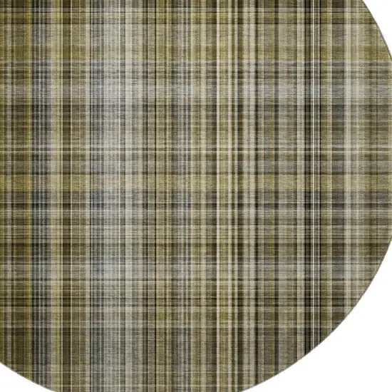 8' Taupe And Coffee Plaid Washable Round Rug With UV Protection Photo 3