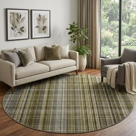 8' Taupe And Coffee Plaid Washable Round Rug With UV Protection Photo 1