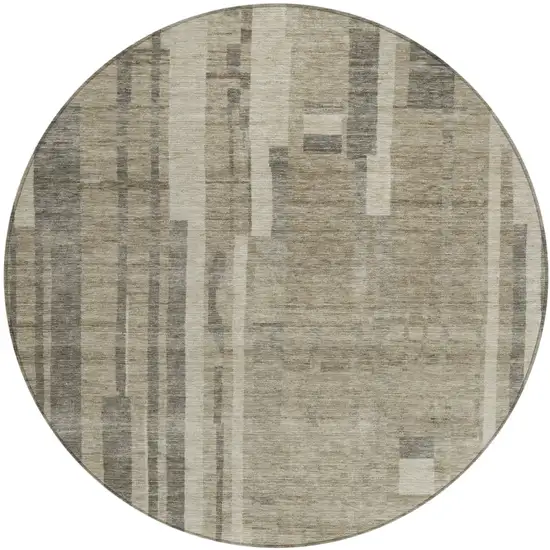 8' Taupe And Dark Gray Round Striped Washable Indoor Outdoor Area Rug Photo 2