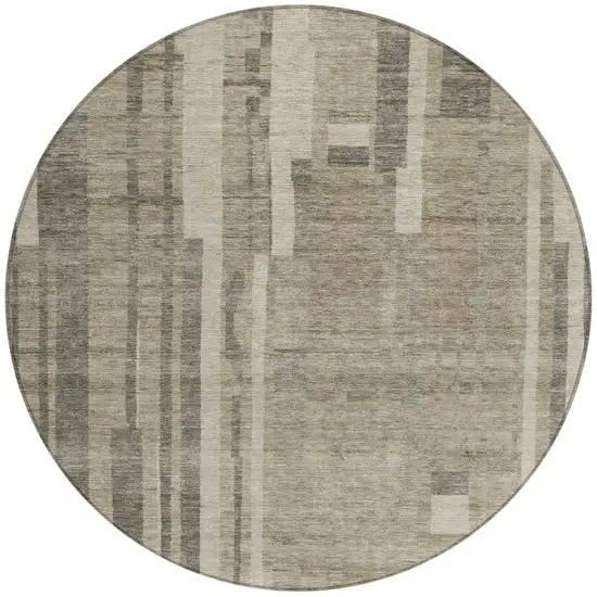 8' Taupe And Dark Gray Round Striped Washable Indoor Outdoor Area Rug Photo 6