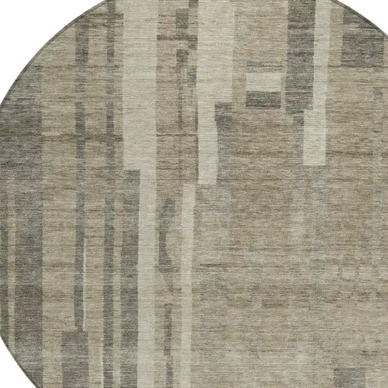 8' Taupe And Dark Gray Round Striped Washable Indoor Outdoor Area Rug Photo 5
