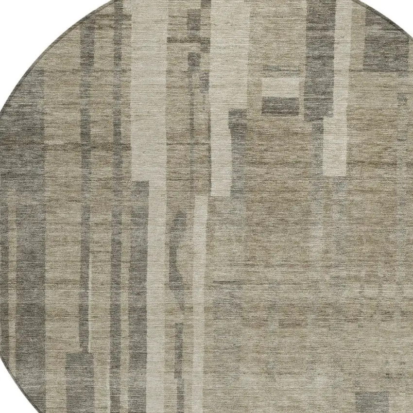 8' Taupe And Dark Gray Round Striped Washable Indoor Outdoor Area Rug Photo 5