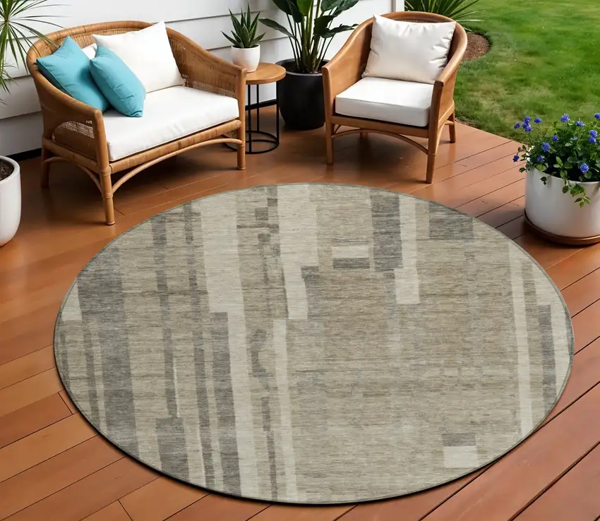 8' Taupe And Dark Gray Round Striped Washable Indoor Outdoor Area Rug Photo 1