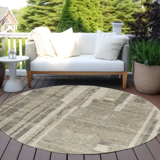 8' Taupe And Dark Gray Round Striped Washable Indoor Outdoor Area Rug Photo 7