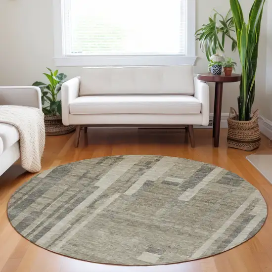 8' Taupe And Dark Gray Round Striped Washable Indoor Outdoor Area Rug Photo 8