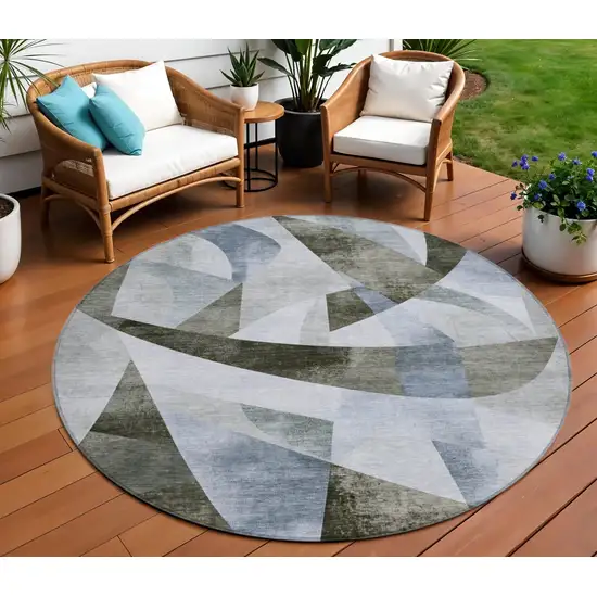 8' Taupe And Denim Blue Round Abstract Washable Indoor Outdoor Area Rug Photo 2