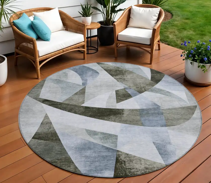 8' Taupe And Denim Blue Round Abstract Washable Indoor Outdoor Area Rug Photo 2
