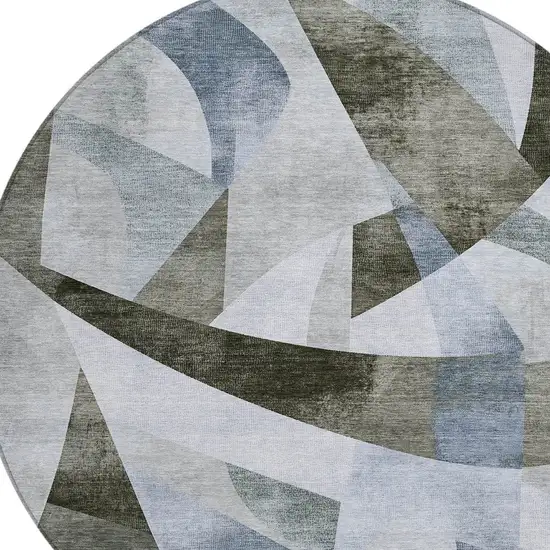 8' Taupe And Denim Blue Round Abstract Washable Indoor Outdoor Area Rug Photo 8