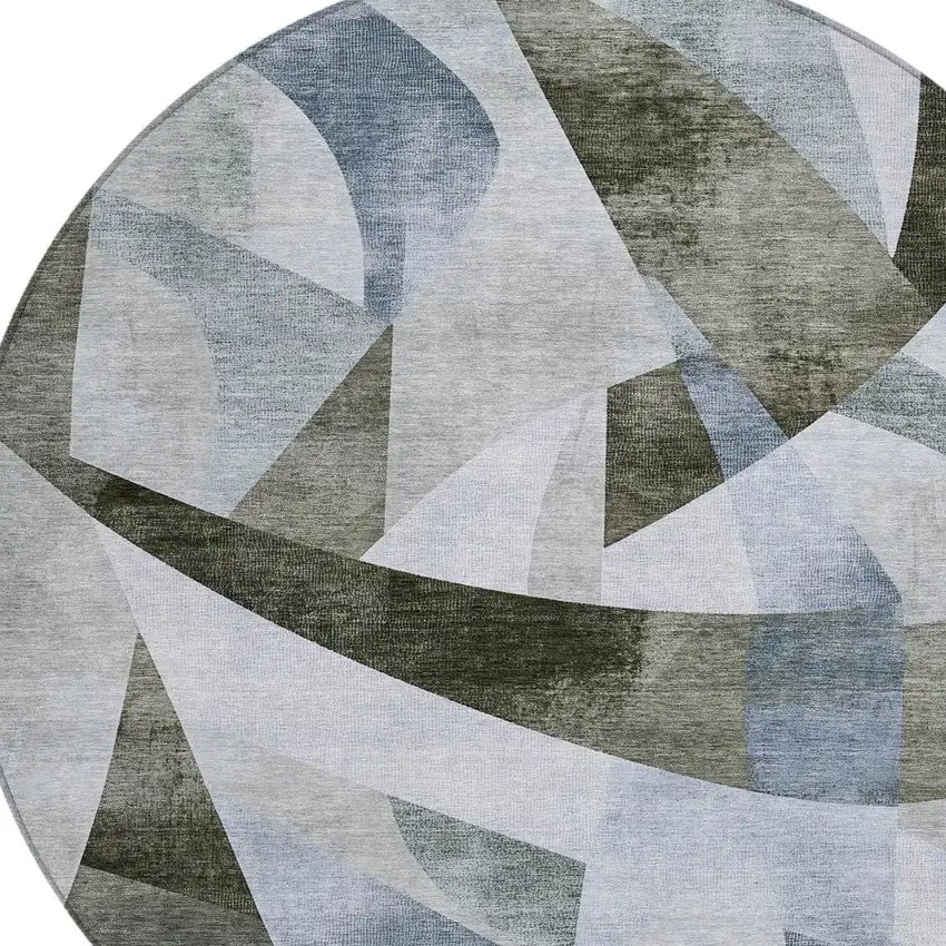 8' Taupe And Denim Blue Round Abstract Washable Indoor Outdoor Area Rug Photo 8