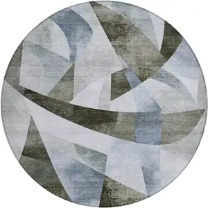 Photo of 8' Taupe And Denim Blue Round Abstract Washable Indoor Outdoor Area Rug