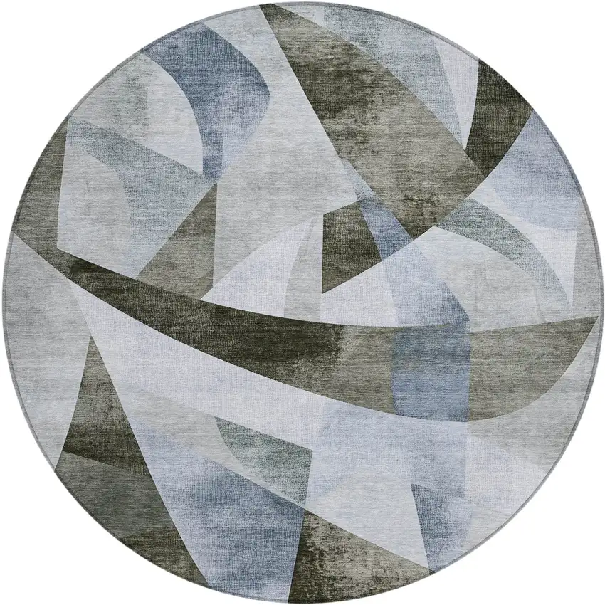 8' Taupe And Denim Blue Round Abstract Washable Indoor Outdoor Area Rug Photo 1